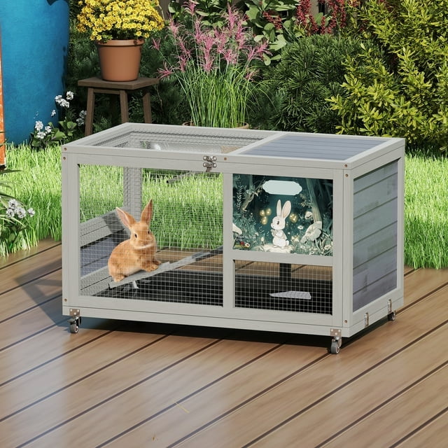 imerelez 2-Tier Bunny Hutch, Wood Rabbit Cage on Wheels with Openable Roof, Ramp, Easy-to-Clean Tray, Guinea Pig Pet House for Small Animals, Gray with Colorful Patterns