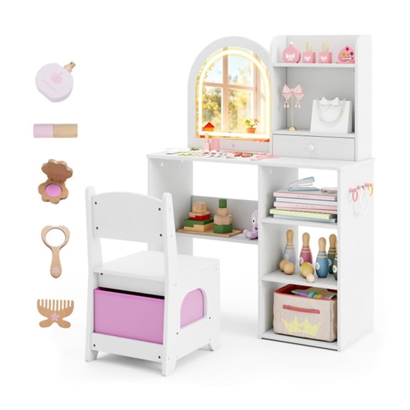 imerelez 2-in-1 Kids Vanity & Writing Desk Set with LED Lighted Shatterproof Mirror, 3 Color Modes, White, Includes Chair with Storage, for Ages 3+, Easy Assembly