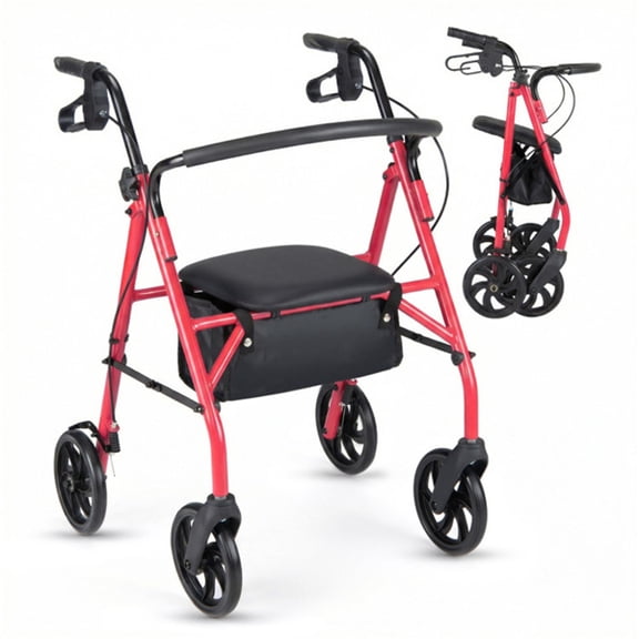 imerelez 2-in-1 Rollator Walker with Seat (Red), 8-Inch Large Wheels & Versatile Braking System, Adjustable Height