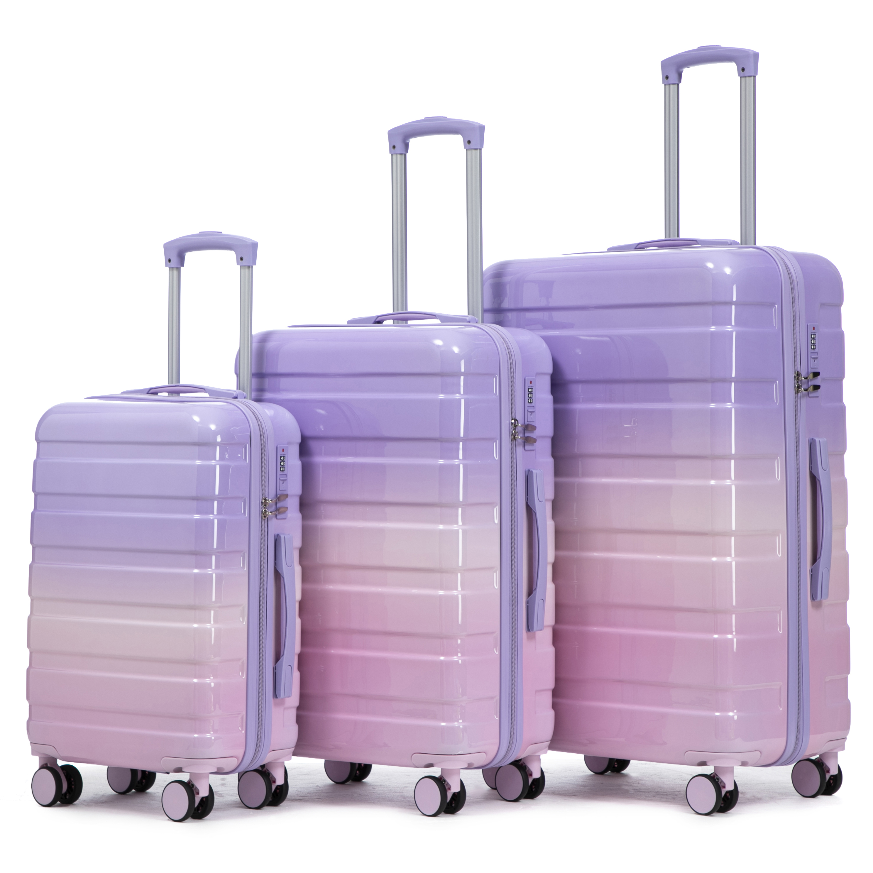 imerelez 20"/24"/28" 3 pcs/set in PC Spinner Wheel Luggage, Carry on Suitcase, With Gradient Color and Combination Lock(Pink+Purple)