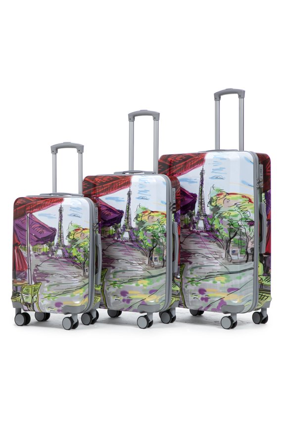 20"/24"/28" 3 pcs/set in PC Spinner Wheel Luggage, Carry on Suitcase, With Printed pattern and Combination Lock (Coffee+Iron Tower)