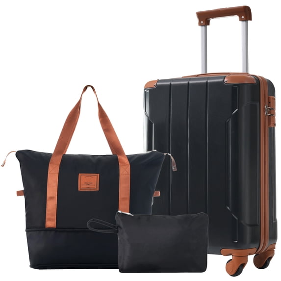 imerelez 20 Inch Carry On Luggage Set 3 Piece with Spinner Wheels, Lightweight Hardshell ABS Suitcase for Weedend Getaways, Business Travel, Black Brown