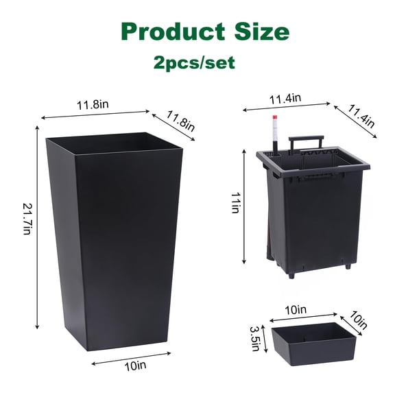 imerelez 22"Tall Planter Set of 2, OutdoorIndoor Black Planter Pots, High Front Porch Planter Pots with Drainage HolesWater Level MonitorInner Bucket, Automatic Watering, Black