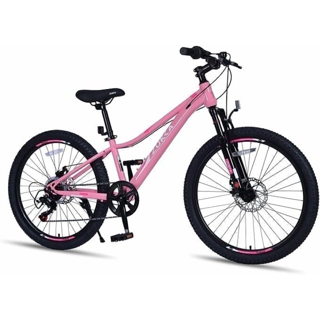 imerelez 24 Inch Mountain Bike- 6-Speed Shimano Gears, Steel Frame with Suspension Fork & Dual Disc Brakes,for Trail Riding,Pink