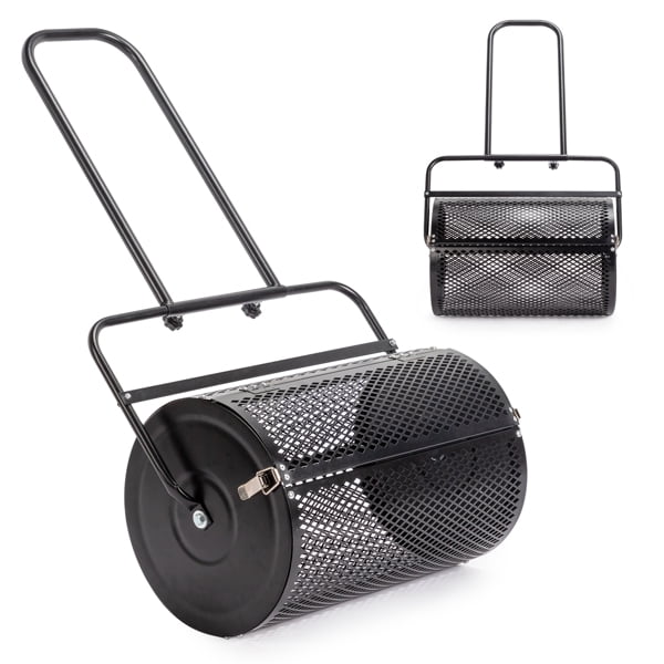 imerelez 24 inch Compost Spreader for Lawn, Garden Peat Moss Roller with Double Side Latches, Powder Coated Steel Mesh Basket for Topdressing & Seedling, Black