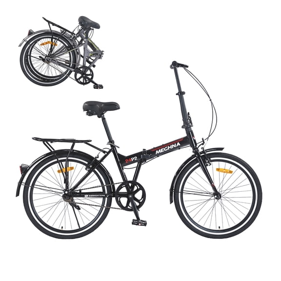 imerelez 24 inch Folding Bike for Adults, Steel Frame Single Speed with Fenders & V-Brake, Portable Commuter Bicycle for Men & Women, 220lb Capacity,Black