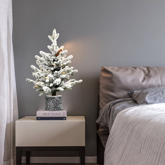 imerelez 2FT Flocked Christmas Tree with Pot Base, 30 Warm White LED Lights, 189 Tips, PE+PVC Branches with 3 Pine Cones – Small Prelit Holiday Tree for Tabletop, Entryway, or Home Decor