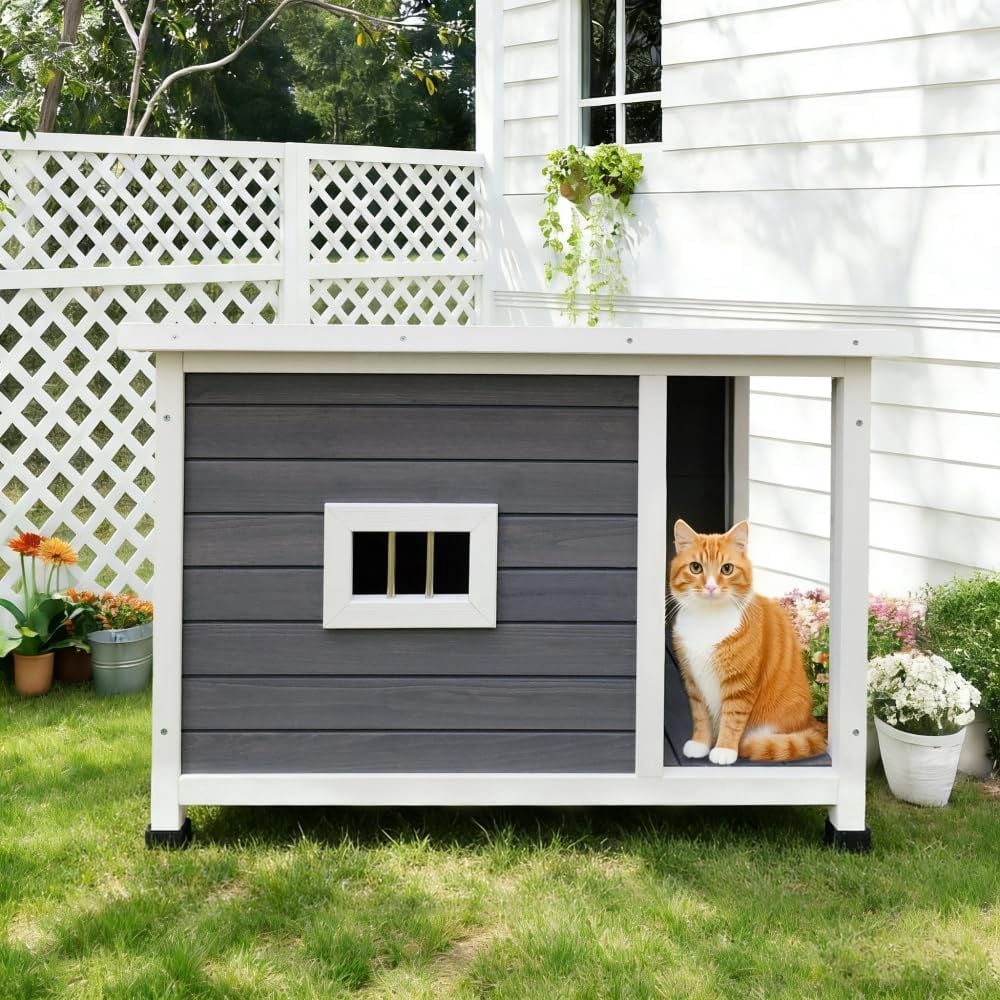imerelez 33.5 inch Outdoor Gray Cat House with Waterproof Roof, Ventilated Windows, and Sturdy Metal Support – Spacious & Stylish Pet Shelter for Cats