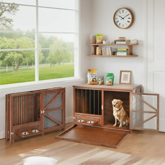 imerelez 33" Solid Wood Dog Crate Furniture, Foldable Indoor Kennel Multi-Functional End Table for Small & Medium Dogs, Portable Pet Cage with Removable Tray & Easy Assembly