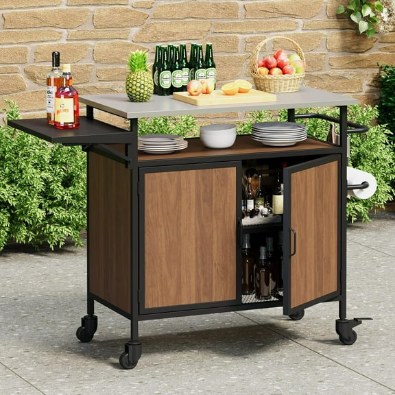 imerelez 38.58" Outdoor Grill Table with Storage, Movable Desktop Storage Cabinet Kitchen Island Prep Stand Station for BBQ Serving Cart Rolling Bar Cart