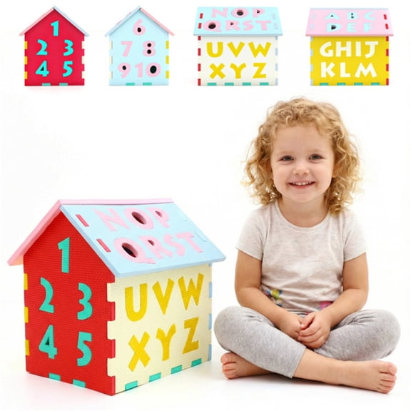 imerelez 3D Puzzle Playhouse Mat 12 10.5 12.5 in EVA Foam Interlocking Mat with Alphabet Number Matching, Multi-Color