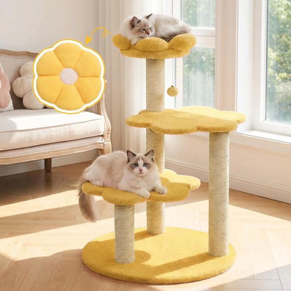 imerelez 40 inch Daisy Cat Tree, 3-Tier Multi-Level Cat Furniture with Natural Sisal Scratching Posts, Cozy Top Bed & Hanging Toy for Kittens & Cats to Climb, Rest & Play