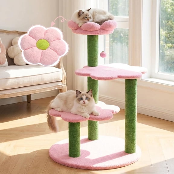 imerelez 40 inch Flower Cat Tree with Removable Washable Perch , Cute Cat Tower with Sisal Scratching Posts, Multi-Level Cat Condo for Indoor Cats Rest & Play (Pink)