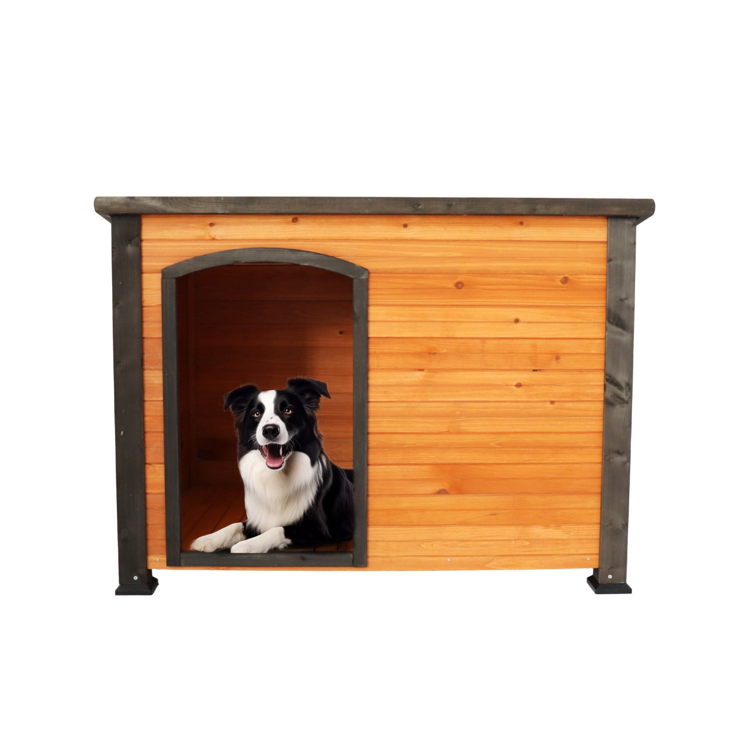 imerelez 45"Dog House Outdoor and indoor wooden kennel, winter strap with elevated feet, large dog weatherproof (gold red and black)