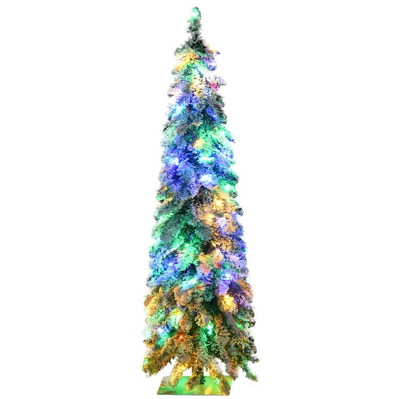 imerelez 4ft Tall Prelit Pencil Artificial Christmas Tree Holiday Décor with 225 Snow Flocked Branches, 100 Warm White or Colorful LED Lights, Downswept Shape