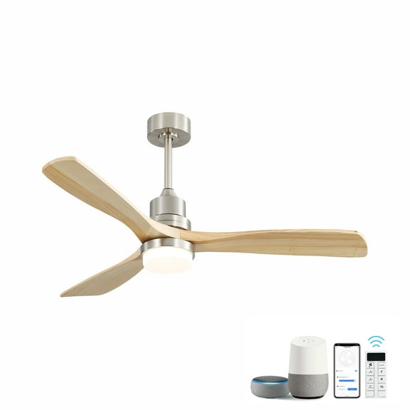 imerelez 52 Inch Smart Ceiling Fan with Sand Nickel Finish 3 Natural Wood Blades LED 18W Triple Color Dimmable Memory Lighting and Remote Control