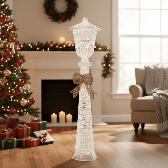 imerelez 5FT Lighted Lamp Post with Bowknot Christmas Decorations, Pre-lit Holiday Decor with 110 Warm White LED Lights for Xmas Outdoor Indoor Decor Lighted Holiday Displays