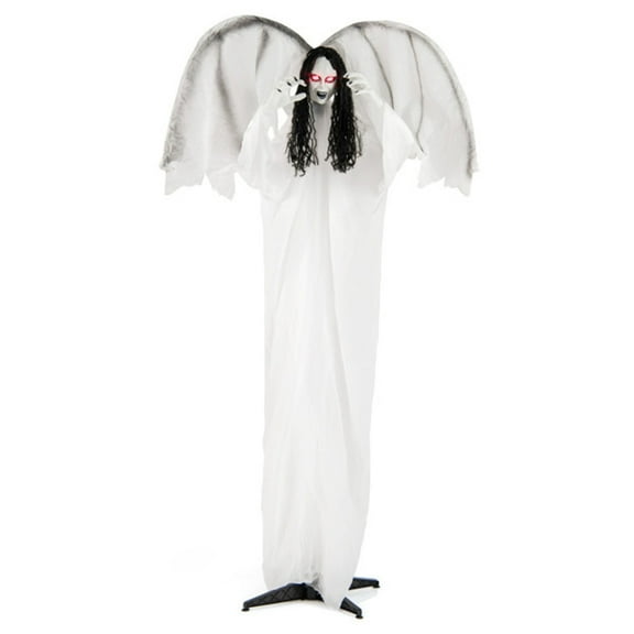 imerelez 6.6ft Life-Size Animated Halloween Angel Prop - Sound-Activated Flapping Wings & Voice, Long Black Curly Hair, Glowing Eyes for Indoor Outdoor Haunted House Decor