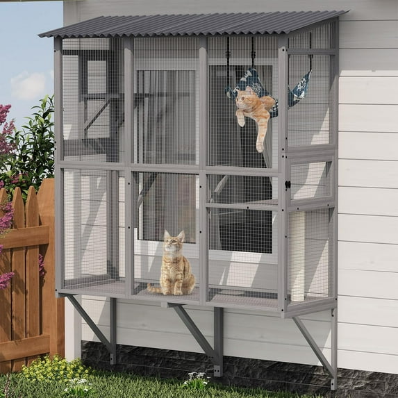imerelez 61 inch Large Cat Catio – Expandable Window Box Enclosure for Multiple Indoor Cats, Cat Perch House with 3 platforms,1 hammock and 3 doors, All-Weather Use