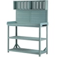 thumbnail image 1 of imerelez 65" Large Wooden Farmhouse Rustic Outdoor Potting Bench Table, Patio Workstation, Garden Potting Bench with 4 Storage Shelves and Side Hook,Green, 1 of 9