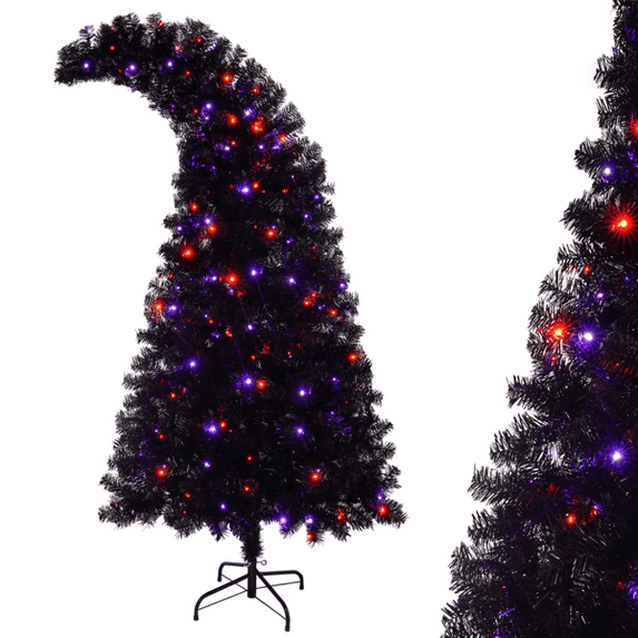 imerelez 6FT Artificial Christmas Tree with LED Light, Pre-Lit Curved Shape Artificial Whimsical Xmas Tree with 900 Tips, Black Christmas Tree