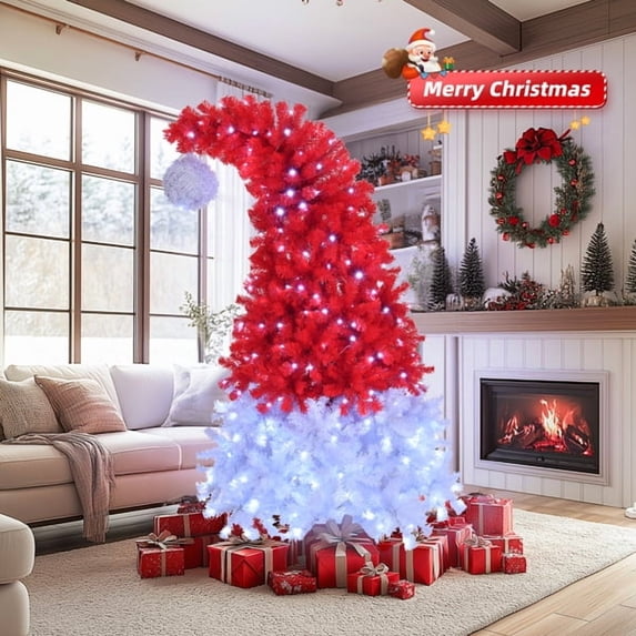 imerelez 6ft Santa Hat Style Pre-lit Christmas Tree - Red & White Artificial Tree with 300 Cold White LED Lights, 1050 PVC Branch Tips for Home, Office, Store Decor