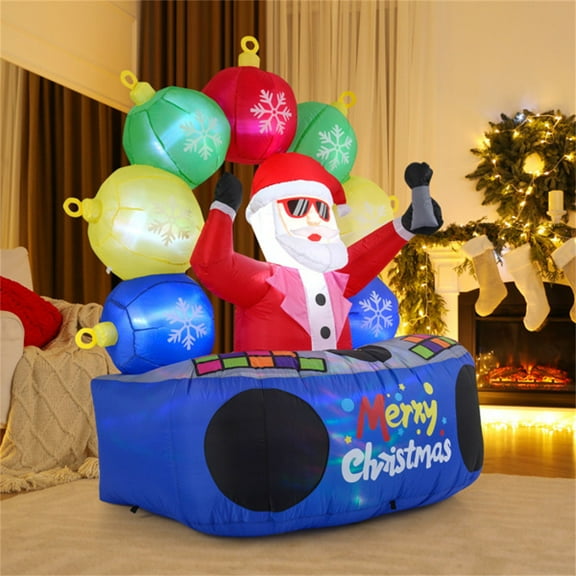 imerelez 6ft Xmas Inflatable DJ Santa - RGB LED Orbs Music Mute Mode Stakes/Ropes Quick Setup Outdoor Party Decor