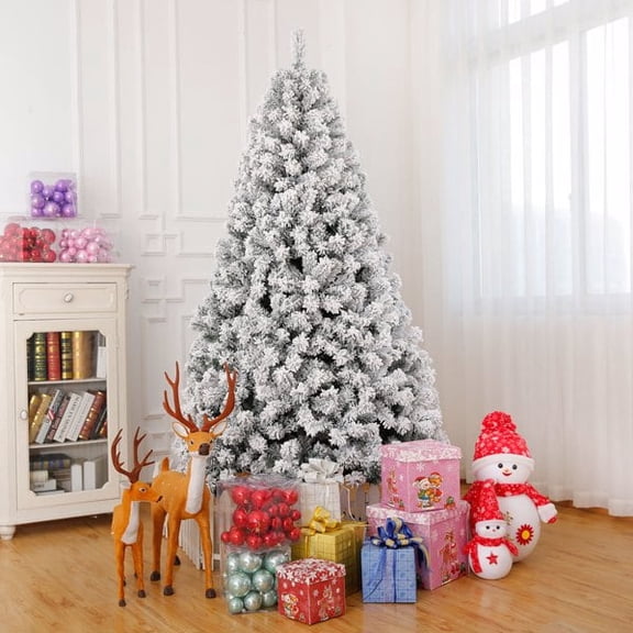imerelez 7 FT Pre-lit Snow Flocked Christmas Tree, Artificial Hinged Xmas Pine Tree with 1000 Branch Tips, 400 Lights and Remote Control for Holiday Party Office Home, Snowy Green