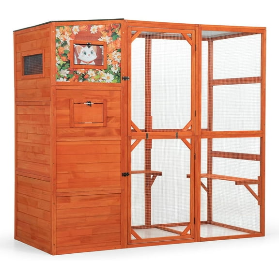 imerelez 70" H Large Outdoor Cat Enclosure, 4-Tier Window Design Outdoor Cat Catio with Weatherproof Roof, 2 Resting Rooms, 2 Platforms, Orange with Colorful Patterns