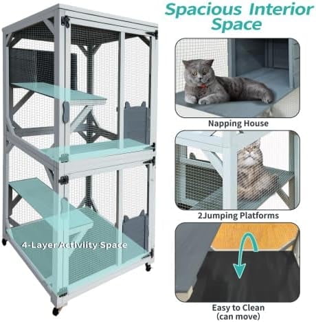 imerelez 70-Inch Cat Window Catio House, Outdoor Wood Cat Enclosure with Wheels, Platforms, Resting Condo, Lockable Doors, Sunshine Roof, Personalized Color Panels, Gray
