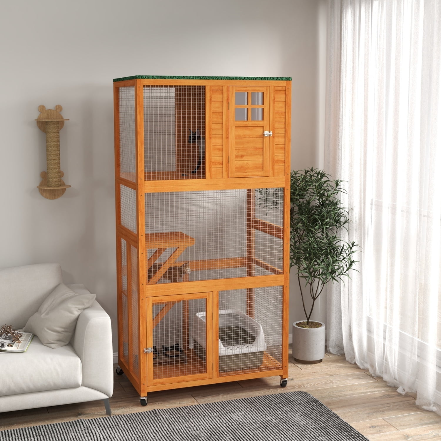 imerelez 74" Wooden Outdoor Cat House Weatherproof & Wheeled, Outdoor Cat Enclosure with High Weight Capacity, Kitten Cage Condo, Orange