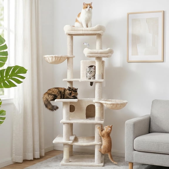 imerelez 84.6in Cat Tree Tower with Large Condo, Sisal Scratching Posts, Big Hammock & Top Platform, Extra Large Multi-Level Cat Furniture for Indoor Cats, Sturdy & Stable, Beige