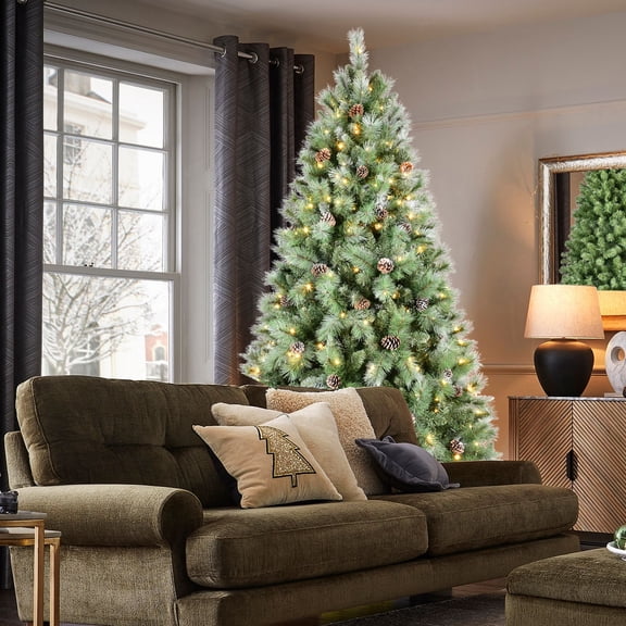 imerelez 8FT Christmas Tree with 550 Warm White LED Lights 1858 PVC & Hard Needle Tips, 102 Pine Cones, Hinged Branch Design, Sturdy Metal Stand Full Realistic Holiday Tree