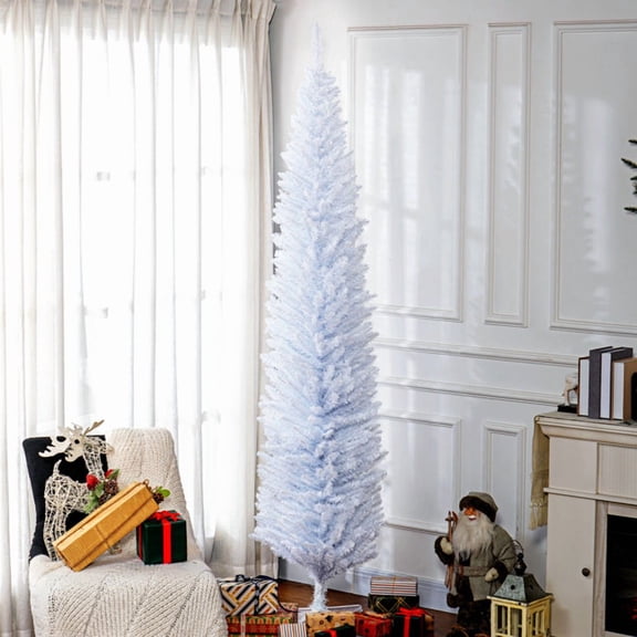 imerelez 8ft White Artificial Pencil Christmas Tree, Slim Unlit Xmas Tree with 618 Realistic Branch Tips & Plastic Stand, Easy Assembly Holiday Decor