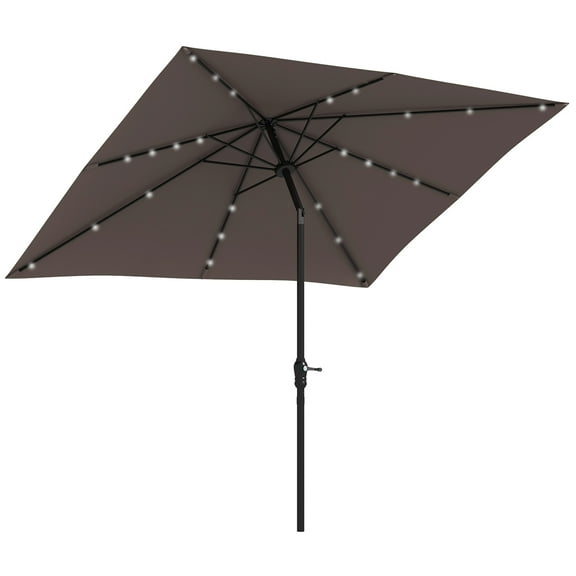 imerelez 9' x 7' Solar Umbrella, LED Lighted Patio Umbrella for Table or Base with Tilt & Crank, Outdoor Umbrella for Garden, Deck, Backyard, Pool, Beach, Tan