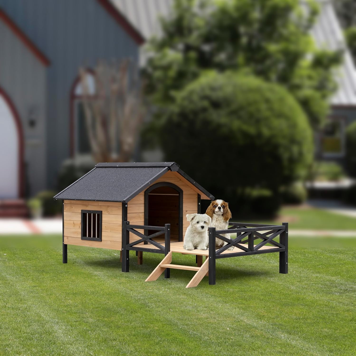 imerelez All-Around Iron Frame Outdoor Large Wooden Dog Kennel with Porch, Honey Color, Extra Large for 71-90 lbs, Waterproof Asphalt Roof, Anti-Chewing Metal Frame