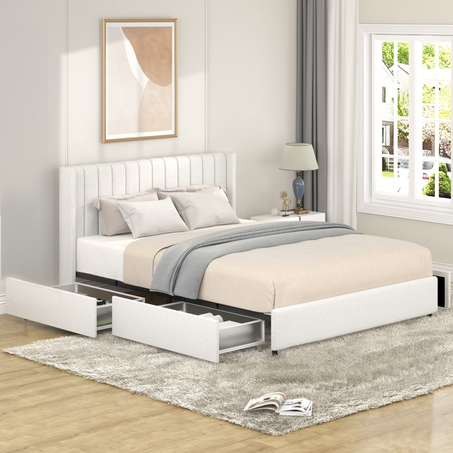 Ivory Boucle Upholstered Queen Platform Bed with Metal Frame and 4 Storage Drawers