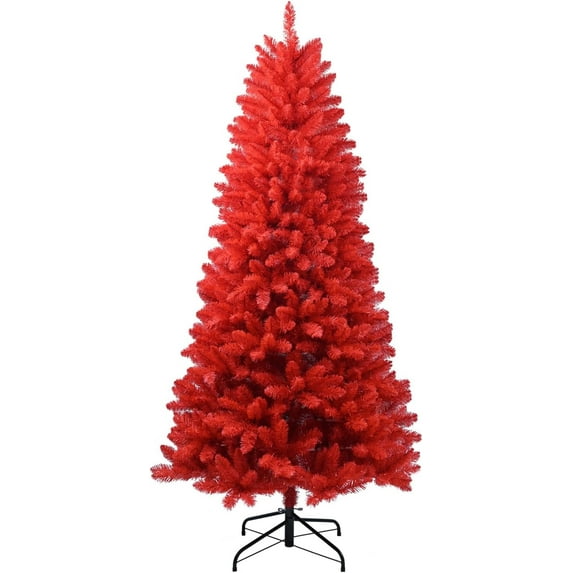 imerelez Artificial 6ft Pre-Lit Artificial Christmas Tree with 804 PVC Branch Tips, Hinged Premium & Foldable Base for Indoor Holiday Decorating Red