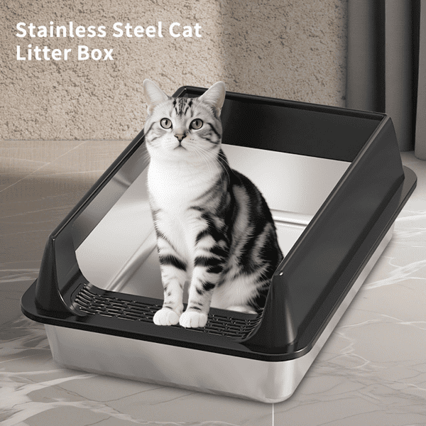 imerelez Black xL10 Stainless Steel Half-Enclosed Cat Litter Box, Thickened Scratch/Leak Proof, Non-Stick Easy Clean, Odorless, ABS Anti-Slip Base, Open Top Airflow for All Cats