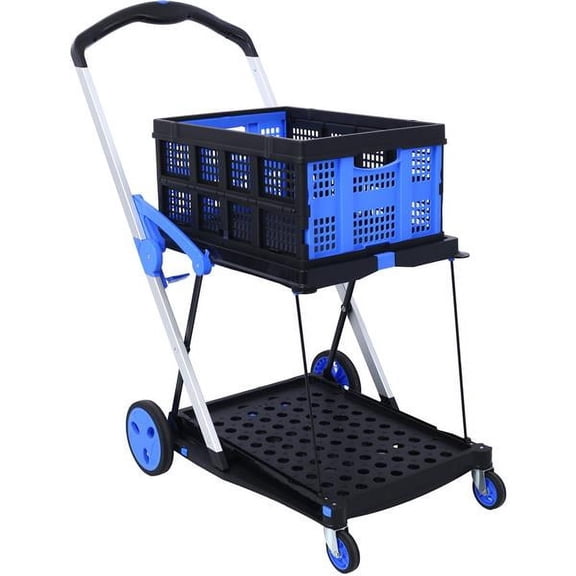 imerelez Collapsible Utility Cart Multi Use Functional Collapsible Shopping Carts 2-Tier Collapsible Shopping Cart with Baskets Carrito para Supermercado con Ruedas blue