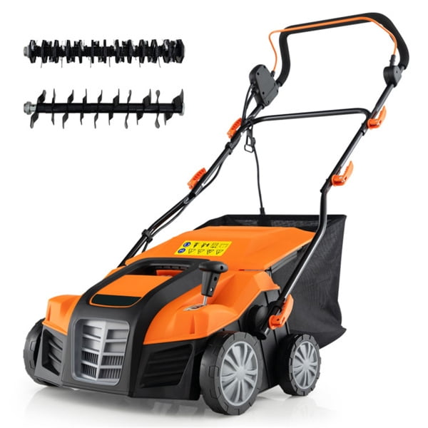 imerelez Corded Electric Lawn Mower:Corded Electric Lawn Dethatcher with 16-Inch Cutting Width, Wear-Resistant Wheels & Large Removable Grass Bag for Home Lawn - Orange