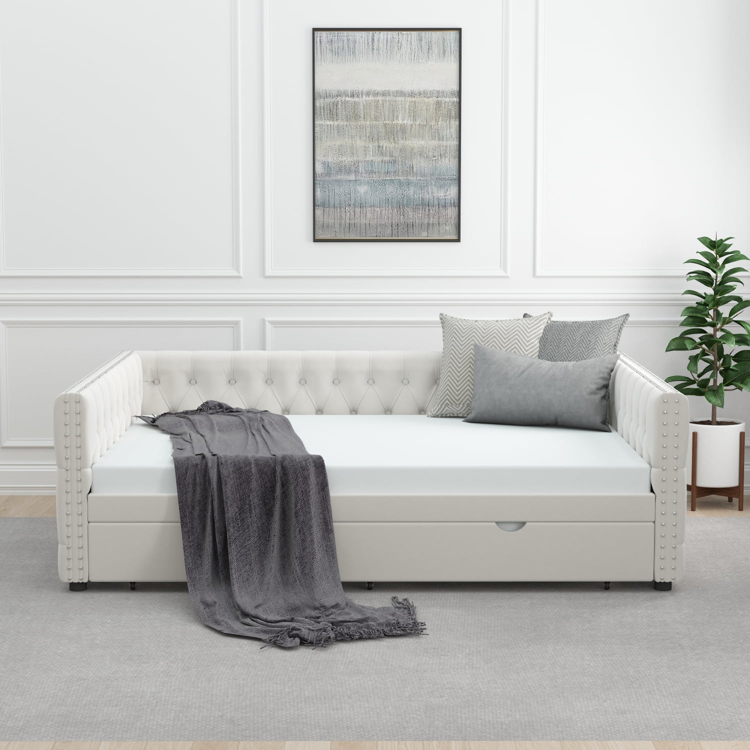 Beige Velvet Upholstered Full Daybed with Tufted Back and Nailhead Trim