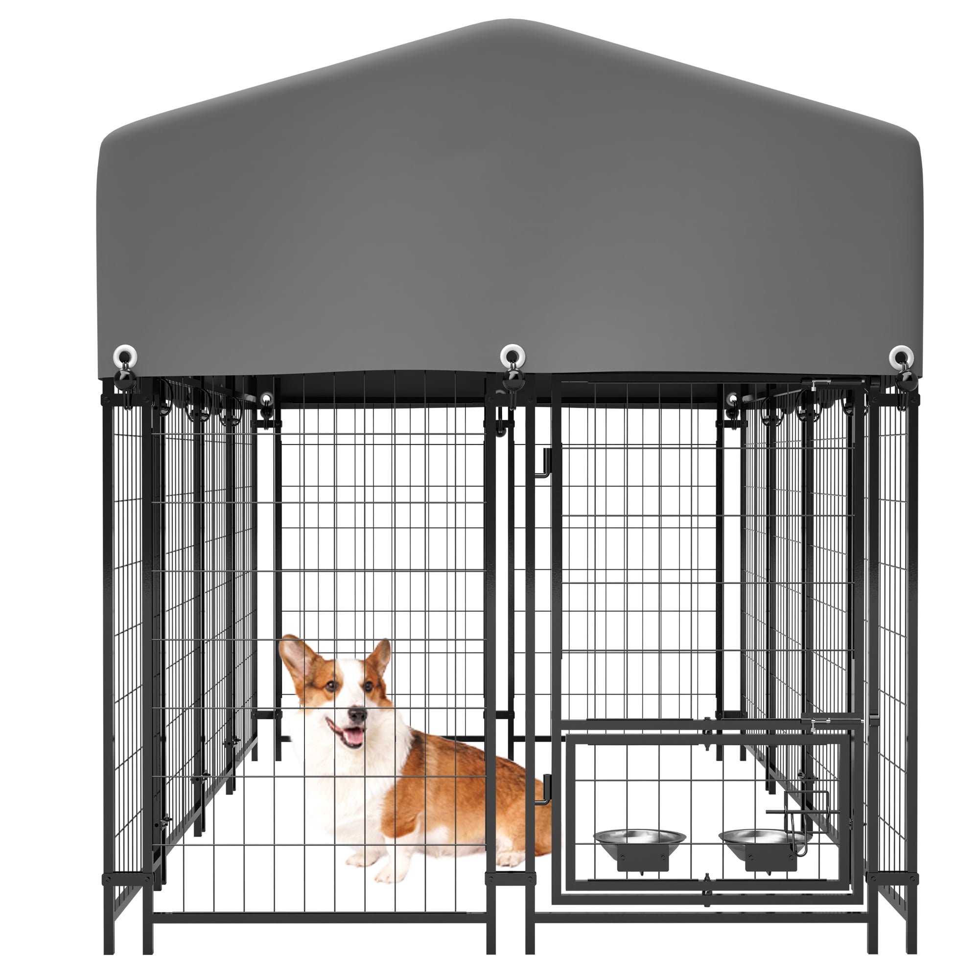 imerelez Dog Kennel Outdoor with Roof, 4.23'x7.81'x4.83' Welded Wire Enclosure, Heavy Duty Dog Crate with UV-Resistant Waterproof Cover, Double Lock & Rotating Feeder for Medium/Large Dogs
