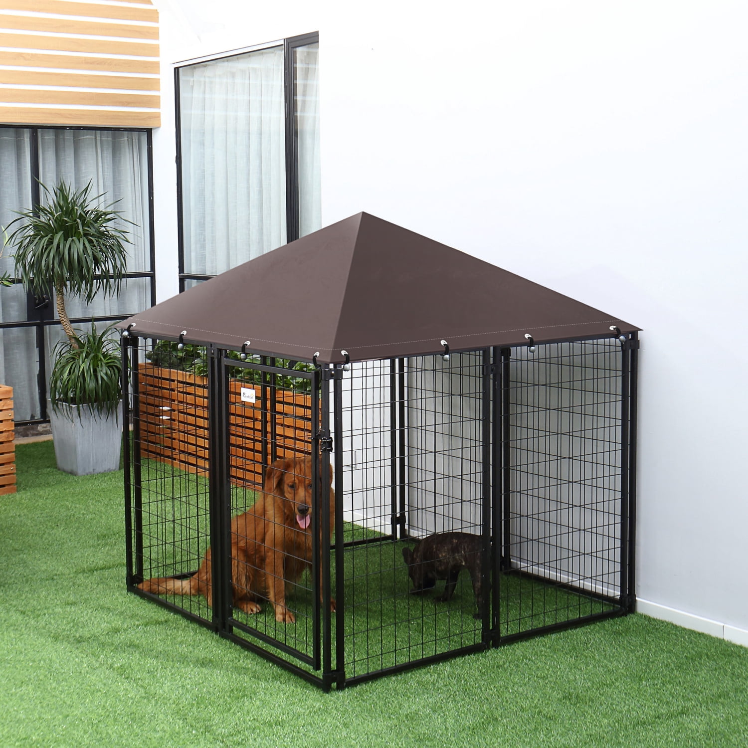 imerelez Dog Kennel Outdoor, Walk-in Pet Playpen, Welded Wire Steel Dog Fence with Water-and UV-Resistant Canopy, Jet Black 5' x 5' x 5'