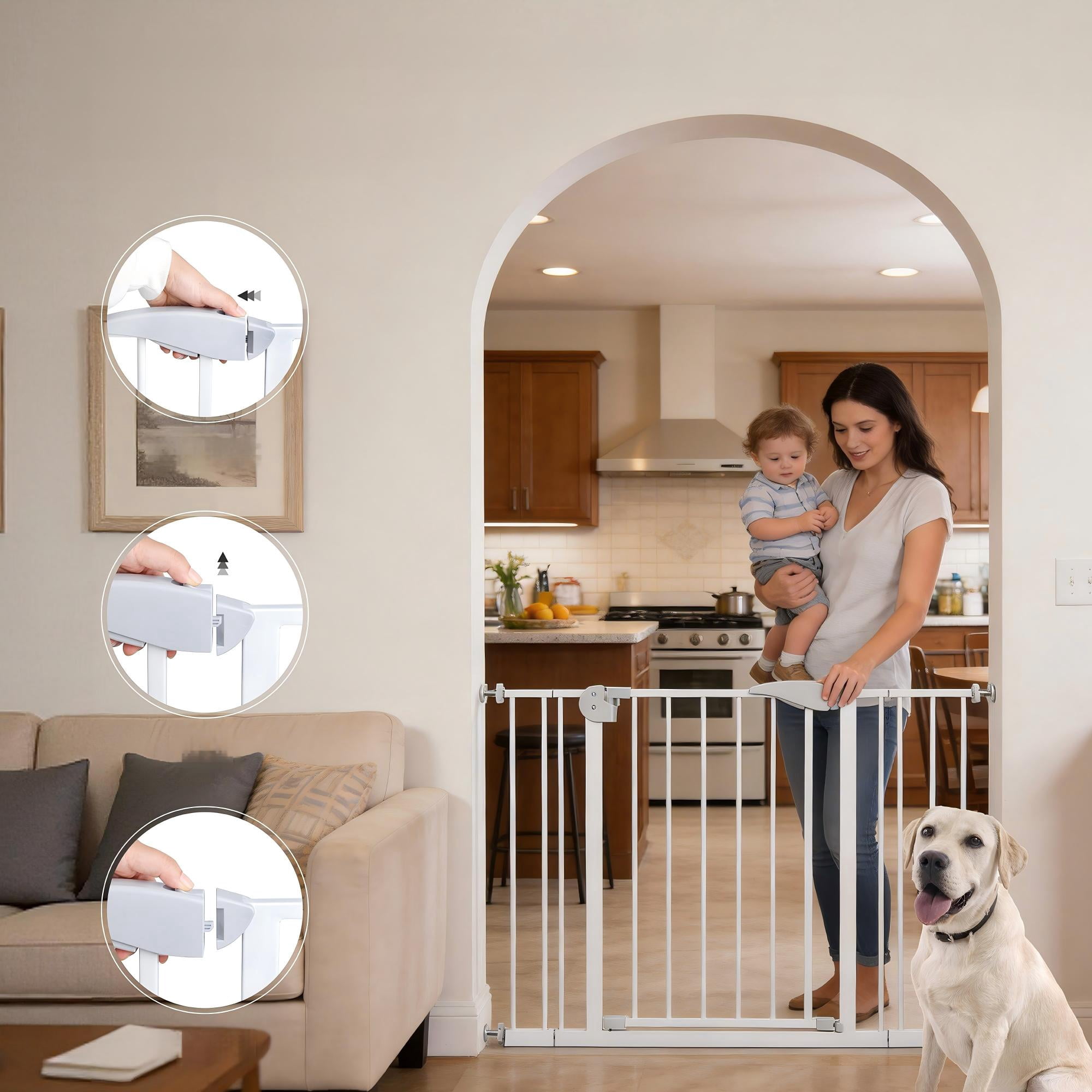 imerelez Double Door Baby Safe Gate for Stairs & Doorways, Adjustable 29.5"-45.3" (75-115 cm), Auto Close, Pressure Mounted, White Metal Child & Pet Gate with Extension Kits
