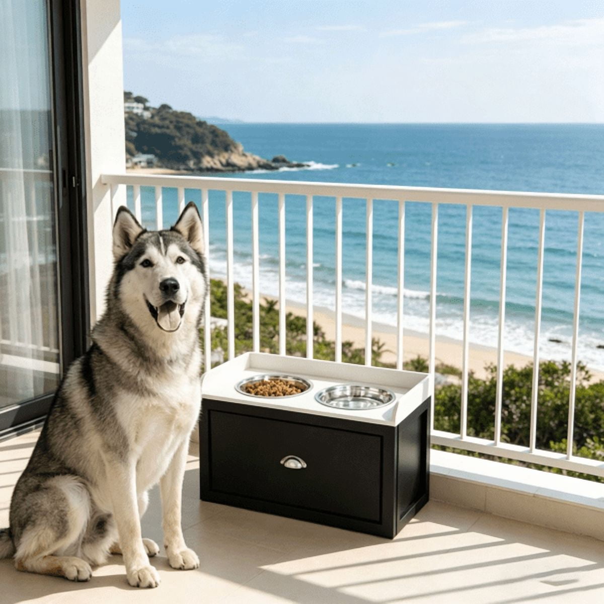 imerelez Elevated Dog Bowl Stand with Storage Drawer, 2 Removable Stainless Steel Bowls, for Large Dogs (Shoulder 19.75"-23.5"), Max Load 33 lbs, White/Black