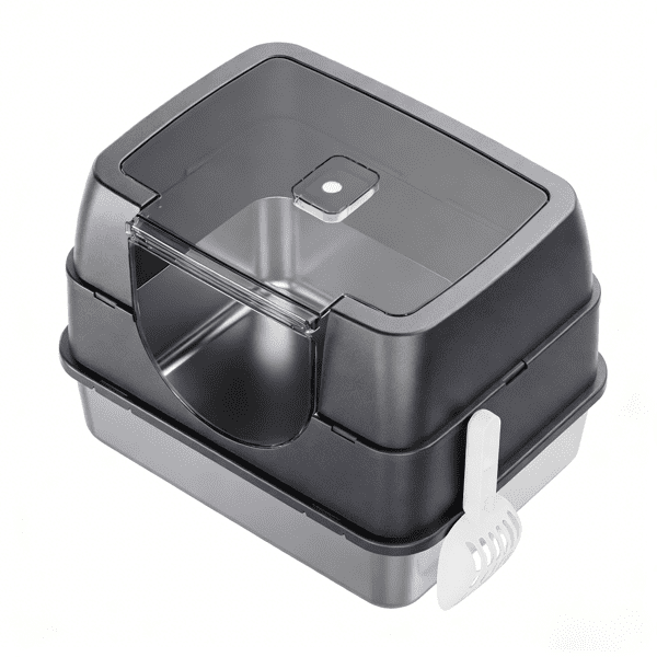 imerelez Enclosed Cat Litter Box with Flip-Top Lid, Stainless Steel Large Covered Litter Box, High Sided Metal Litter Pan with Litter Scoop & Mat, Odor Control, Leak Proof, Easy Cleaning, Grey