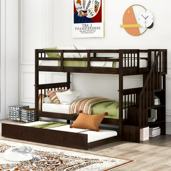 imerelez Espresso Stairway Twin-Over-Twin Bunk Bed with Twin Size Trundle for Bedroom or Dorm