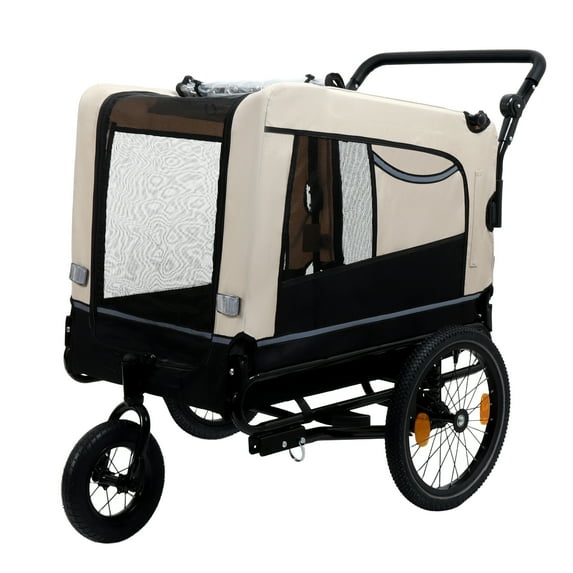 imerelez Extra Large 2-in-1 Bike Trailer & Push Cart for Pets - Detachable Bike Hitch & Push Handle Included , Quick ReleaseAll-Terrain Wheels , Non-Slip Floor,Holds Up to 88 lbs, Black- Beige