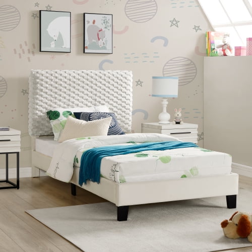 imerelez Findlay Plush 3D Upholstered Platform Bed in White Dove, Twin